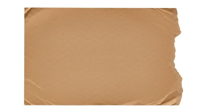 A single sheet of torn brown paper with rough edges and visible texture, isolated on a white background, for scrapbooking or, collage work