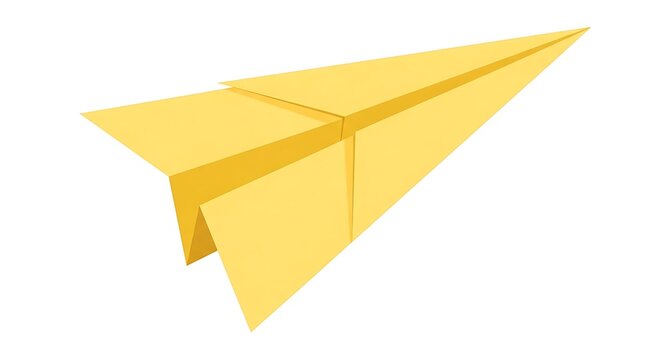 Simple yellow paper airplane flying towards the right side isolated on a plain white background, for travel and, communication concepts