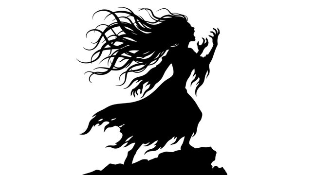 Silhouette of woman with flowing hair.