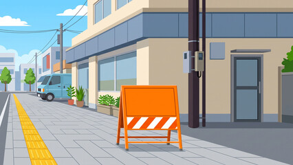 Naklejka premium Urban Street Scene with Orange Construction Barrier and Modern Storefront