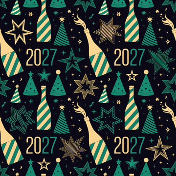 New Year, Party, Celebration, Background, 2027, Gold, Green, Star, Christmas Tree