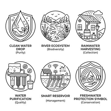 Detailed collection of six circular vector graphic icons depicting various aspects of water management conservation purity and environmental sustainability presented in a clean minimalist black and wh