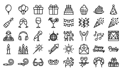 Fototapeta premium Birthday and Party Celebration Line Icons with Editable Stroke Vector Set
