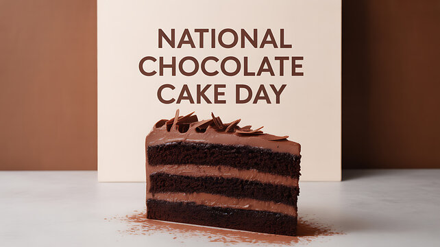 A slice of layered chocolate cake displayed in front of a sign celebrating National Chocolate Cake Day
