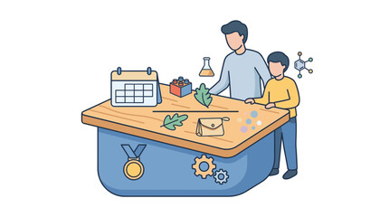Obraz premium Father and son learning science and building blocks