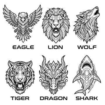 Detailed set of six intricate mechanical animal vector illustrations featuring an eagle lion wolf tiger dragon and shark with sharp black lines on a clean white background for modern design.