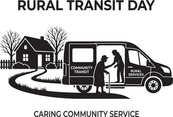 Obraz premium Rural transit day illustration showing a van picking up an elderly person at a house for community transport service isolated on transparent background, Vector