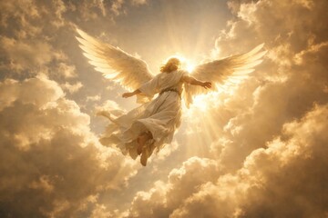 Obraz premium Heavenly angel soaring through clouds.