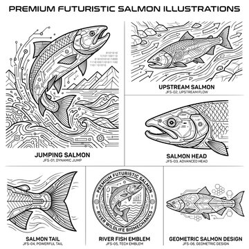 Detailed collection of futuristic salmon vector illustrations featuring mechanical fish designs with geometric lines circuit patterns and cybernetic elements perfect for modern branding projects requi