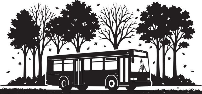 Black and white illustration of a public transport bus driving on a road in front of a forest with tall trees isolated on transparent background, Vector