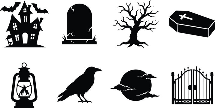 Halloween graveyard silhouette icon bundle vector