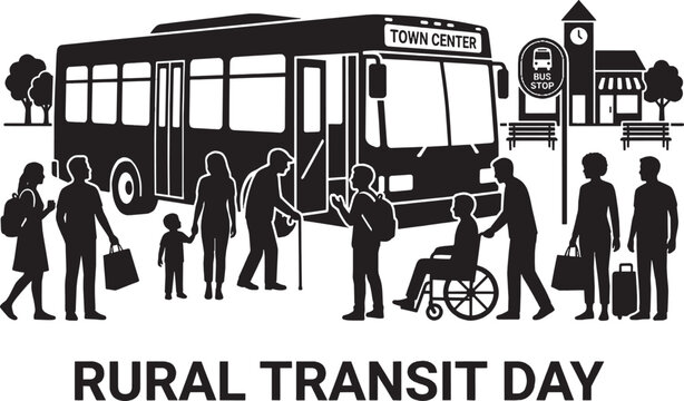 People waiting for a public bus at a rural transit station stop in a small town isolated on transparent background, Vector