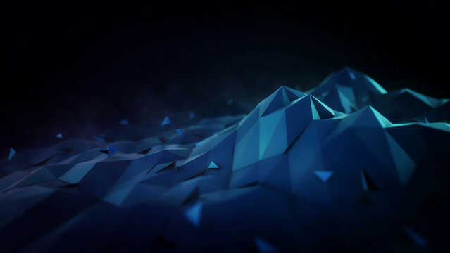 Low-poly, blue, 3 d mountain range landscape with dark background