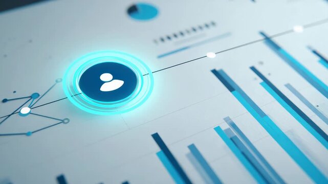 Digital interface displays data analytics. Blue circular icon centers the screen. Graphs and charts track performance metrics. Connections link user profile to data