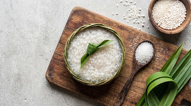 Traditional sago pearl porridge served in folded banana leaf, symbolizing rustic Asian dessert heritage and natural comfort food culture