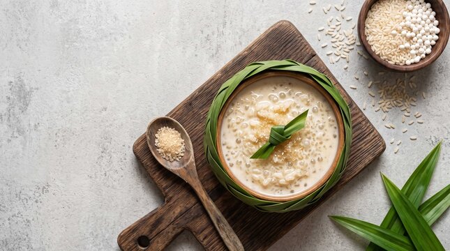 Traditional sago pearl porridge served in folded banana leaf, symbolizing rustic Asian dessert heritage and natural comfort food culture