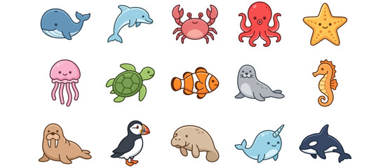 Cute Cartoon Marine Animals Set - Vector Illustration of Sea Creatures © alesana