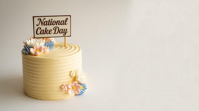 A decorated yellow cake with floral accents and a 'National Cake Day' sign