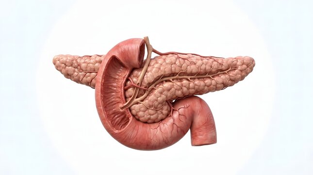 human body Anatomical illustration of the human pancreas and duodenum with blood vessels