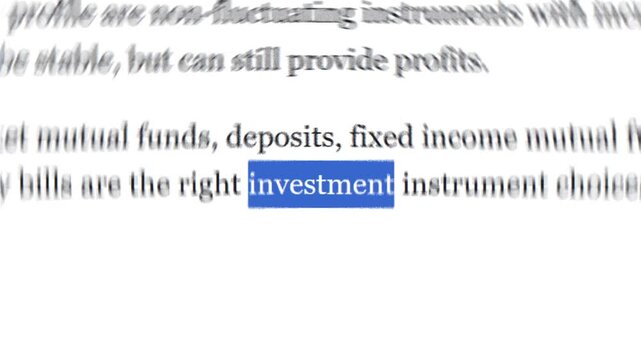 Looping footage of the word "Investment" with match cut and blur effect. Financial text highlighting investment instruments for portfolio planning
