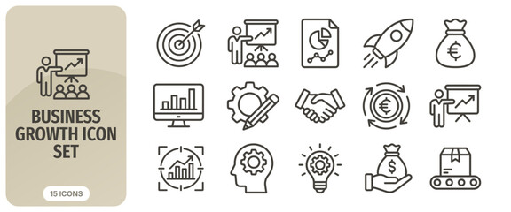 Fototapeta premium Business growth icon set, thin line style, vector illustration collection of business development, strategy, finance, and marketing symbols for web and mobile apps