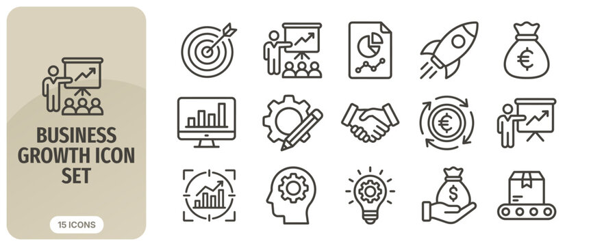 Business growth icon set, thin line style, vector illustration collection of business development, strategy, finance, and marketing symbols for web and mobile apps