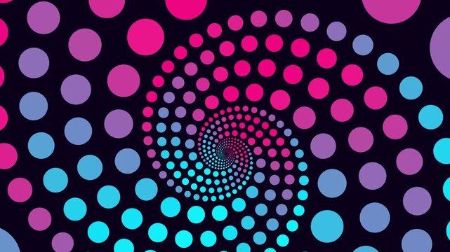 Abstract spiral of pink and blue polka dot circles rotates seamlessly against a dark background in a hypnotic 3D animation loop for a title sequence