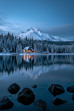 A winter scene at dusk, showcasing a large snow capped mountain, a dense forest and a quaint cabin with glowing windows on the lake shore.
