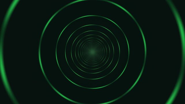 Green lines form circular patterns that move inward in a dark setting. The scene gives a sense of depth and an illusion of a tunnel. Colors shift and create a dynamic visual