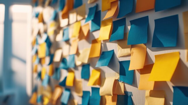 Sticky notes on office wall. Colorful paper memo stuck on surface. Concept of brainstorming, project management, reminder, task planning, organization and creative problem solving in business.