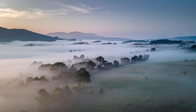 Ethereal Fog Swirling Through a Misty Valley at Dawn, Capturing the Tranquil Morning Landscape