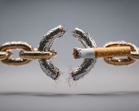 Broken chain shaped like cigarette symbolizing freedom from addiction, minimal background, high contrast lighting, stock ready concept image