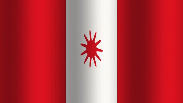 The flag features bold red and white colors with a central star symbol. This design emphasizes simplicity and strong visual impact, creating a memorable graphic