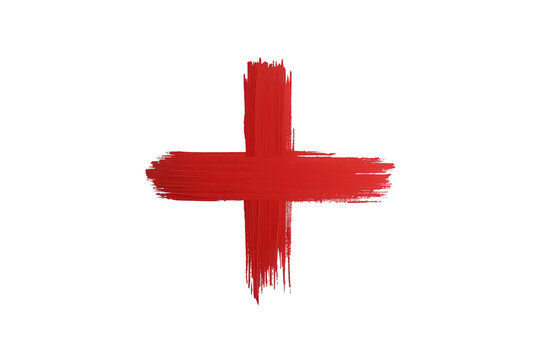 Red brushstroke creating a plus sign, symbolizing addition, positivity, help, and healthcare, on a transparent background