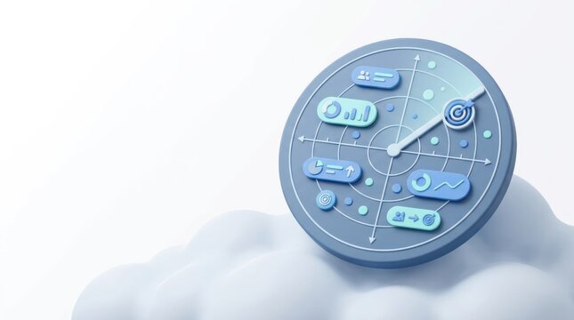 Digital clock interface with graphs and data points on soft cloud