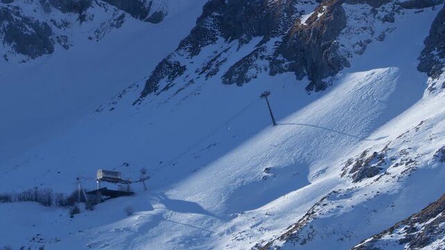 Cable Car in Winter Mountain Landscape of Zabljak, Durmitor Montenegro, Snow Covered Alpine Scenery