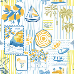 Fototapeta premium Summer la dolce vita yellow and blue seamless pattern. Cartoon hand drawn Mediterranean collage, Italian patchwork design, stripes, lemon, sailboats, Amalfi coast background. Vector wallpaper, textile