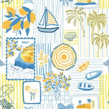 Summer la dolce vita yellow and blue seamless pattern. Cartoon hand drawn Mediterranean collage, Italian patchwork design, stripes, lemon, sailboats, Amalfi coast background. Vector wallpaper, textile