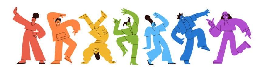 Rainbow-colored people dancing. Colorful characters in dance poses, celebrating with fun and joy movements. Joyful happy men and women in motion. Flat vector illustration isolated on white background © Good Studio