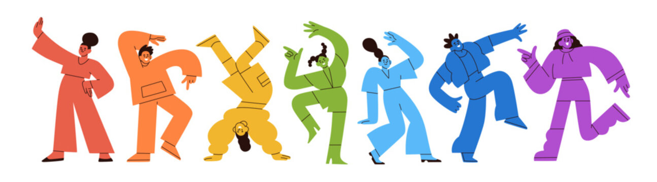 Rainbow-colored people dancing. Colorful characters in dance poses, celebrating with fun and joy movements. Joyful happy men and women in motion. Flat vector illustration isolated on white background
