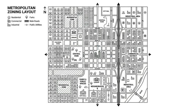 Metropolitan Zoning Layout Map: Urban Planning, City Grid, Residential, Commercial, Industrial