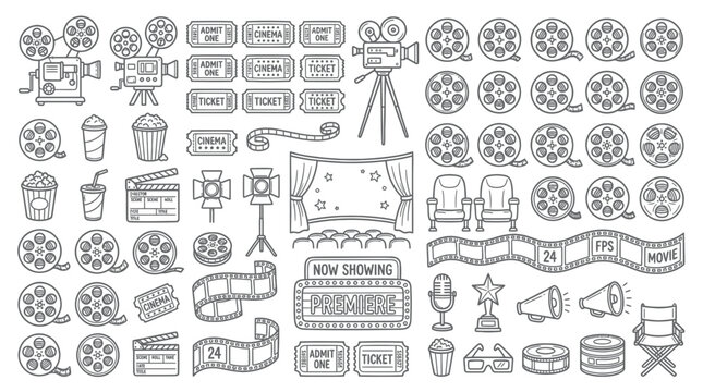 Cinema and Movie Icons Collection: Film Reels, Tickets, Camera, Clapperboard, Seats
