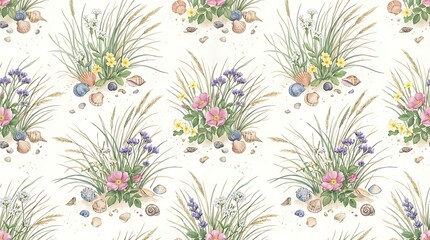 Fototapeta premium Vibrant summer flowers and seashells arranged in a decorative coastal pattern on a sandy beach