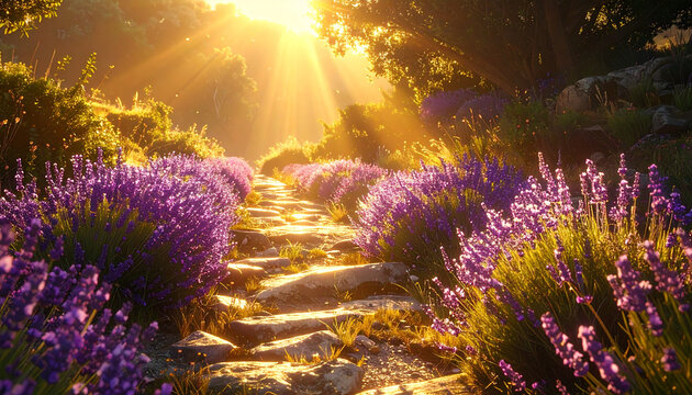Sunlit lavender path in a peaceful garden