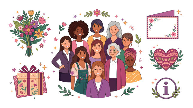 Diverse women group illustration with flowers gift and heart