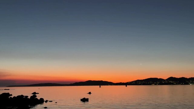 Blue Hour Over Calm Waters at Samil Beach in Vigo, Galicia, Spain