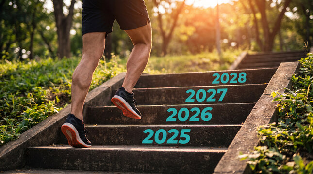 Male runner ascending outdoor concrete steps with years 2025 to 2028 marked on the stairs, surrounded by greenery and sunlight
