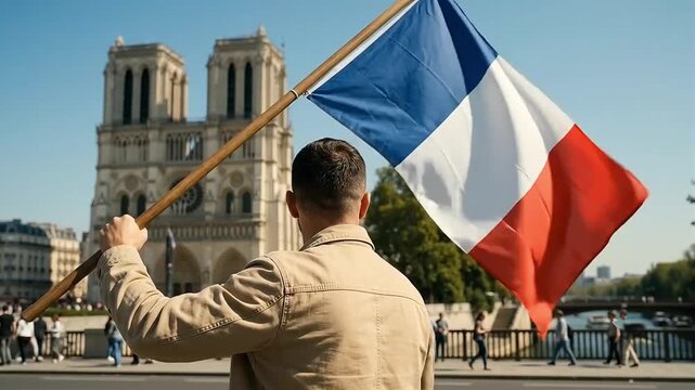 Man Waving Large French Flag with Notre-Dame Cathedral in Background, Rear View Celebrating Bastille Day in Paris