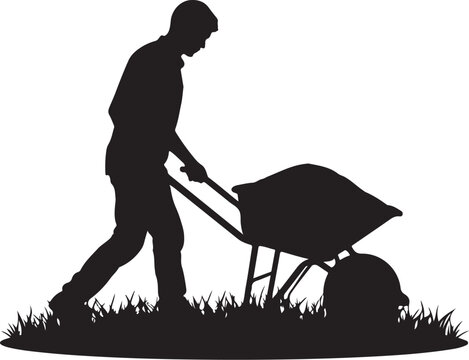 Silhouette of a man pushing a wheelbarrow through grass black