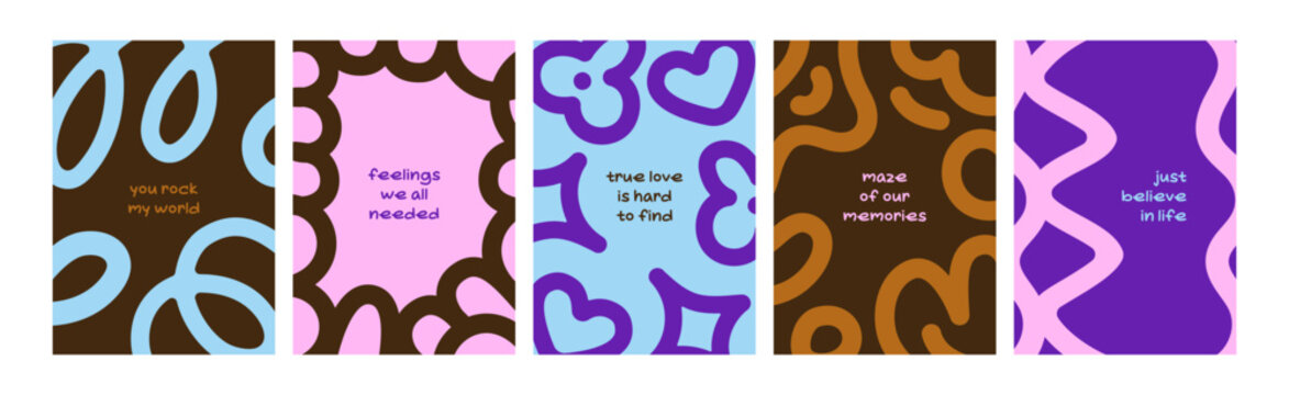 Abstract card designs with curvy patterns and motivational quotes, text. Framed backgrounds, posters with love phrases, messages in modern trendy style. Creative doodle flat vector illustrations